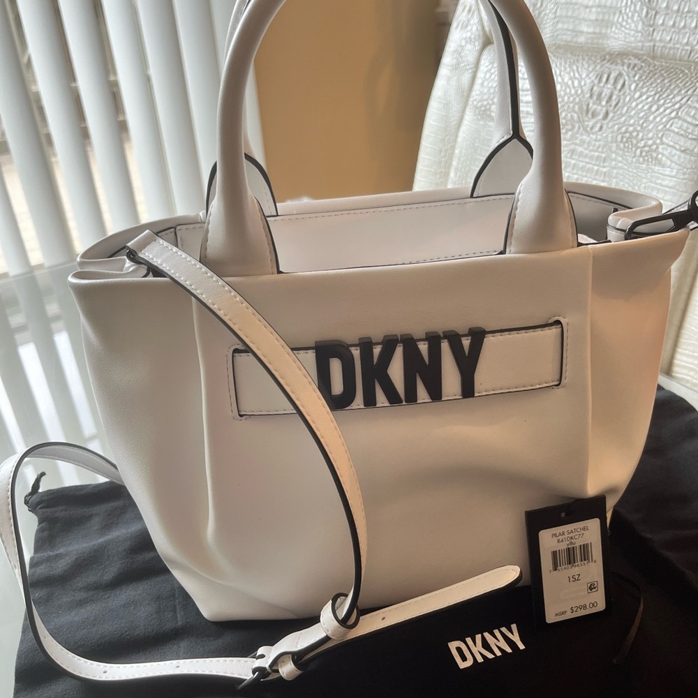 chic satchel by DKNY features multiple pockets